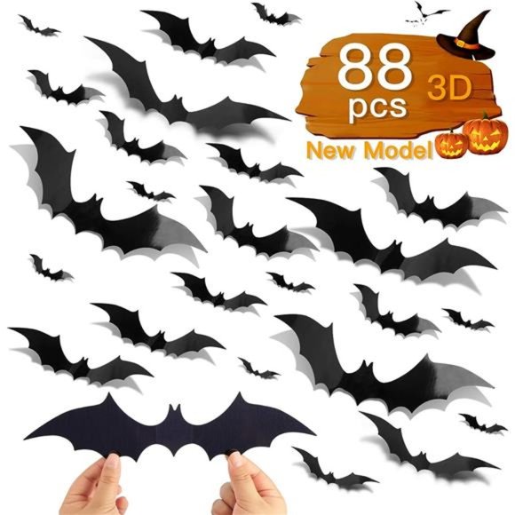 88 Pcs DIY 3D Bats Halloween Decorations, 4 Different Sizes PVC Bat Stickers - Picture 1 of 6